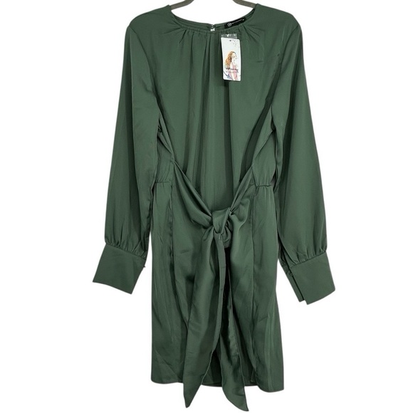 PRETTYGARDEN Green Satin Wrap Tie Waist Mini Dress XL NWT Long Sleeve - Picture 8 of 10